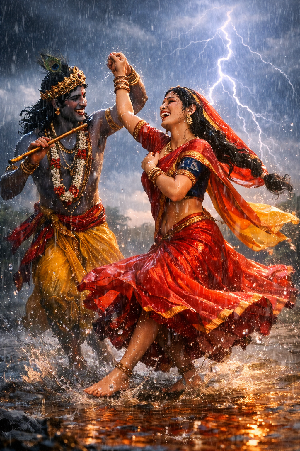Krishna spinning Radha in joyful dance during heavy rain with lightning and splashing puddles